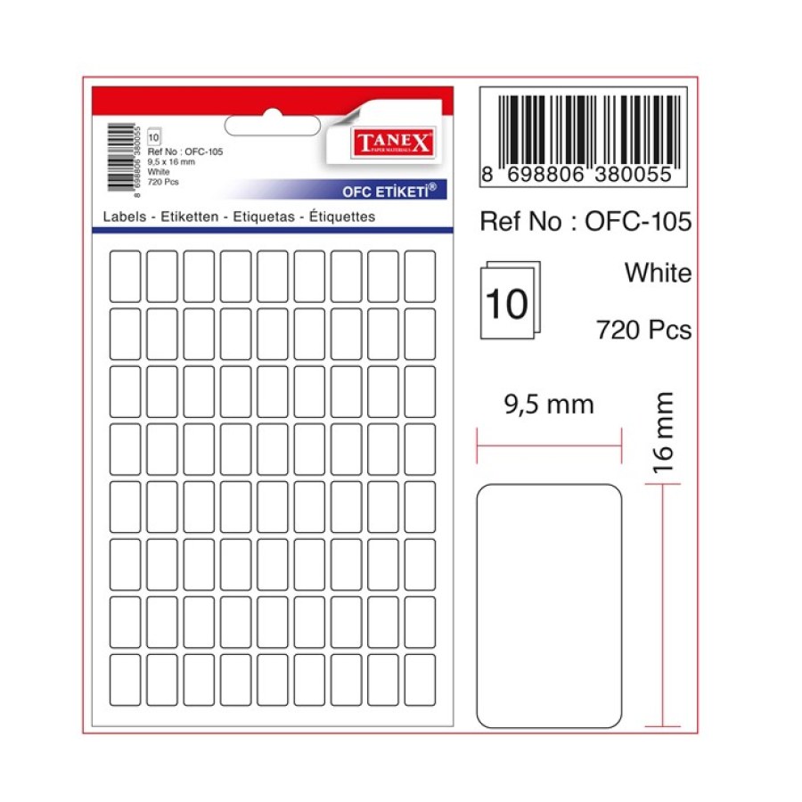 Tanex Etiketi9,5x16 Beyaz 10 LU Kartela