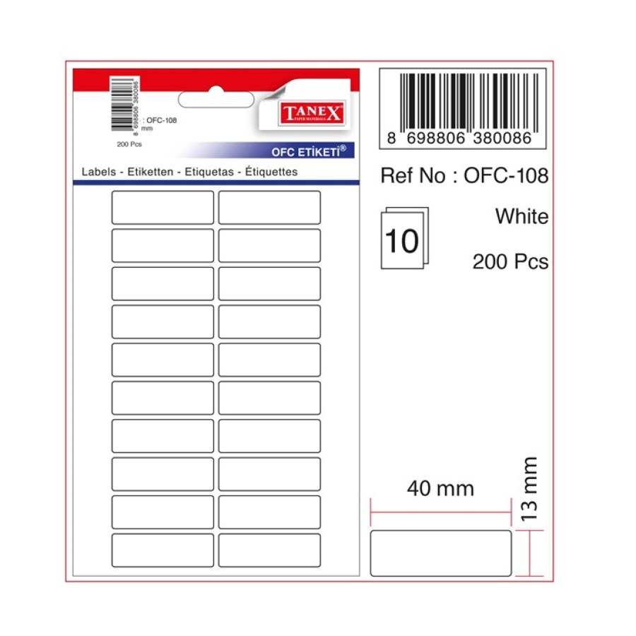 Tanex Etiket 40x20 Beyaz 10 LU Kartela