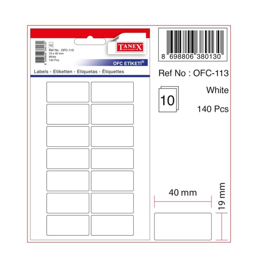 Tanex Etiket 19x40 Beyaz 10 LU Kartela