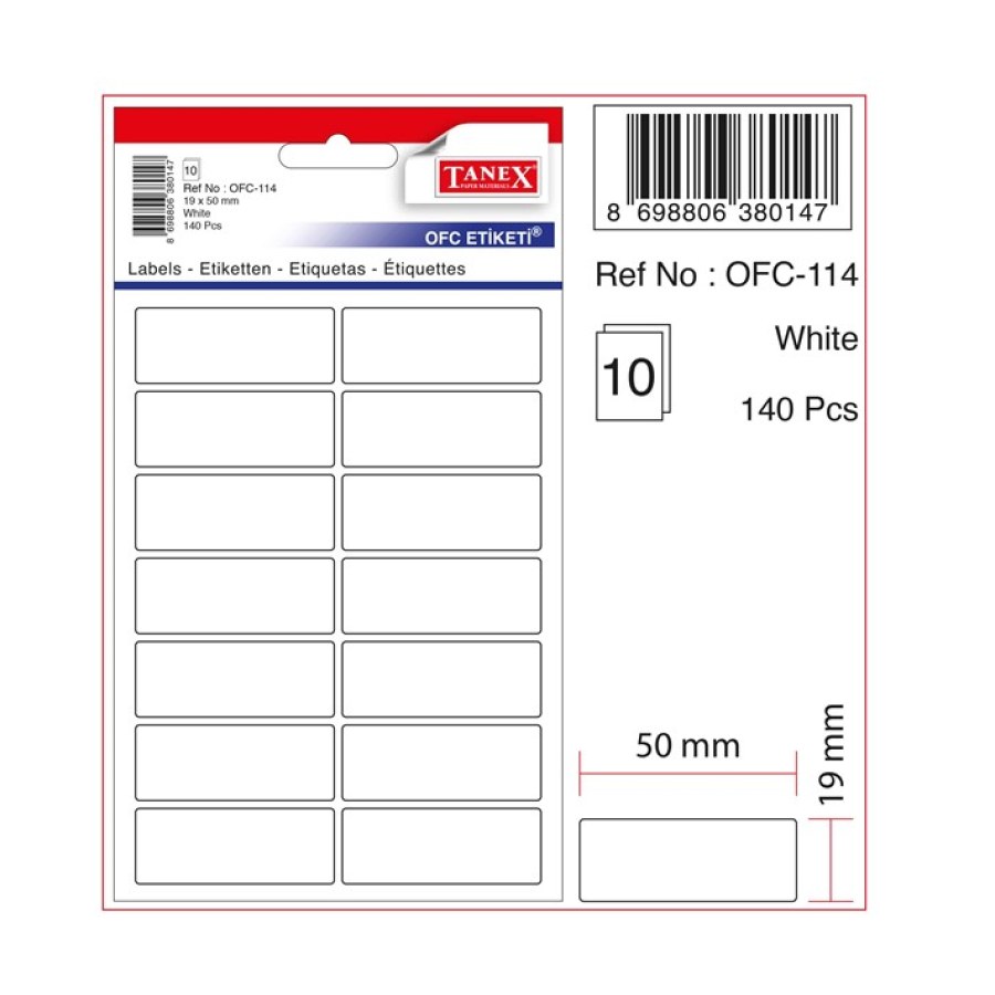 Tanex Etiket 50x19 MM Beyaz 10 LU Kartela