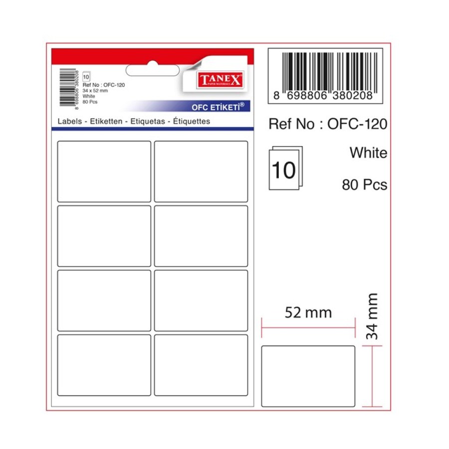 Tanex Etiket 34x52 Beyaz 10 LU Kartela
